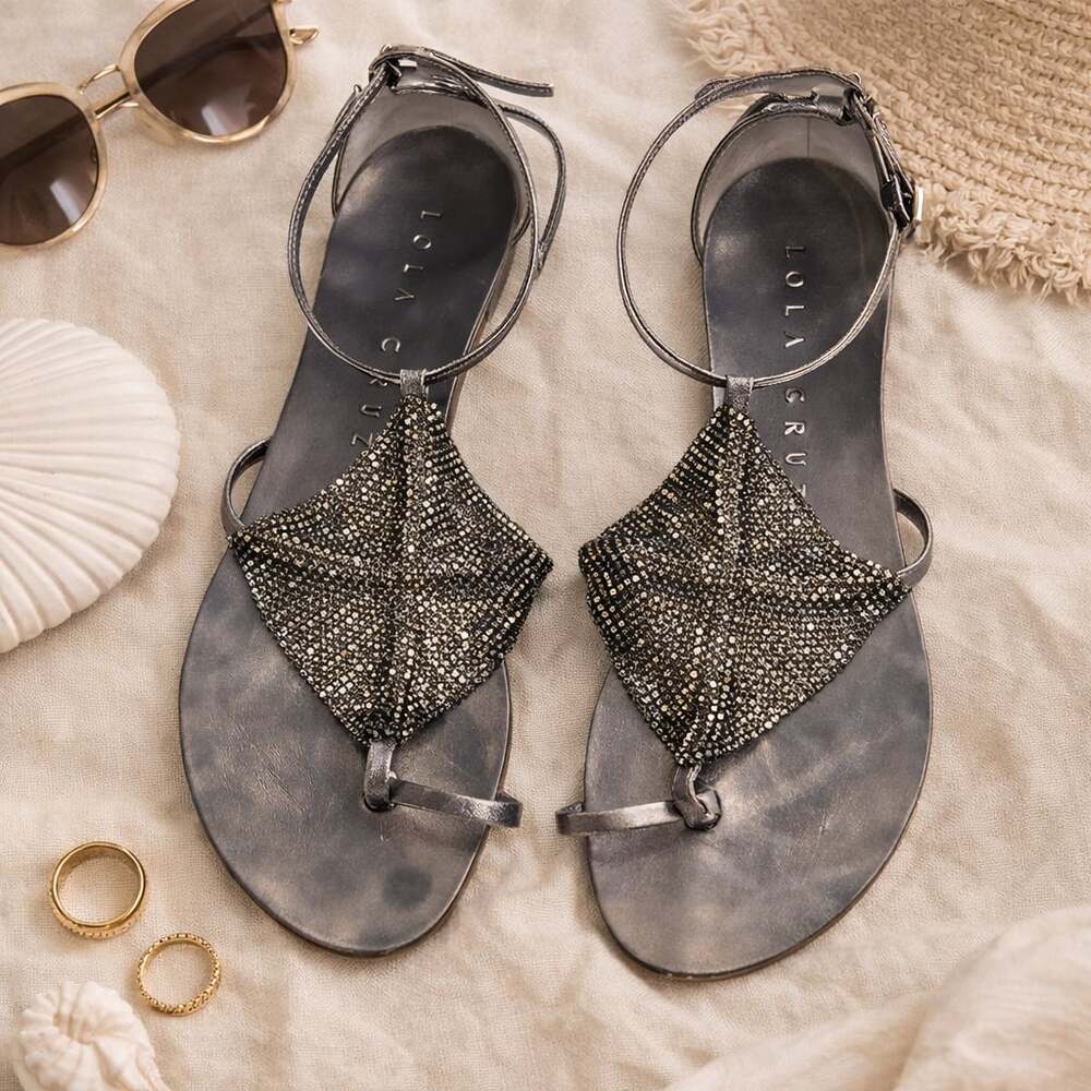 Lola Cruz Sandals 37 Black Beaded Y2K Glam Thong Heels